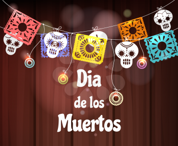 Day of the dead invitation decor. Sugar skull heads paper flags for mexican dia de los muertos party decoration, vector illustration