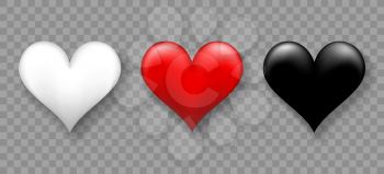 Hearts 3d decoration signs. Vector red white black heart shapes for love illustration and romantic images designs, cardio medical and birthday greeting clipart symbols