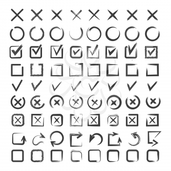 Check list marks. Chalk brushes drawing checklist icons, marker scribble checkbox tick collection, pen sketchy doodling marks, handwritten checkmarks isolated items