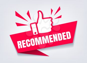 Recommended with thumb up. Like sign or quality branding product recommendation symbol closeup vector icon