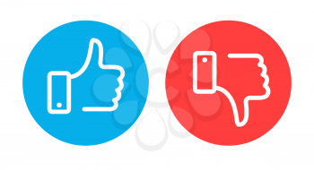 Like and dislike symbols. Circle recommended blue sign and negative feedback red element with hand flat vector icons