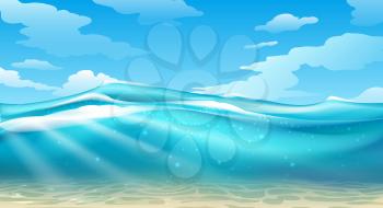 Empty underwater surface view. Vector under sea image, beauty ocean with sun rays and natural clean sand bottom horizon