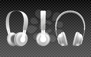 Realistic white headphones. Vector wireless earphones isolated on transparent background for dj head, music hipster headphone accessories