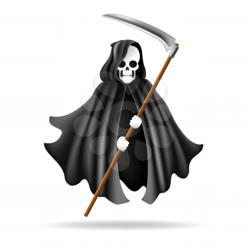 Grim reaper. Dark character of halloween, symbol of horror from hell, vector illustration of creepy scary skeleton with scythe isolated on white background