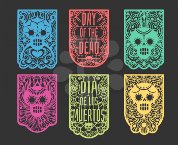 Day of the dead paper flags. Mexican dia de los muertos celebration toten flag string with flowers and skulls, bunting street graphics craft ornaments