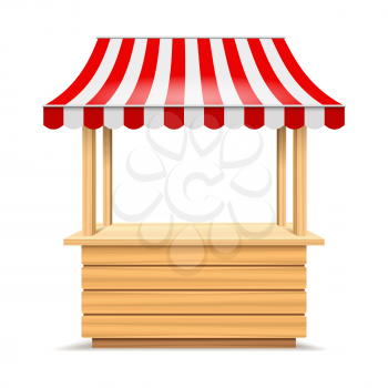 Wooden market stall. Fair canopy kiosk, bakery booth with awning, marketing stand with striped tent, empty vendor trade wood tilt, retail crafts wood storefront