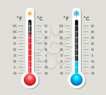 Climate thermometer. Coldness hotness temperature scale device vector image, summer hot winter cold thermometer graphic, heat freezing degree measure instrument, outdoor weather meter