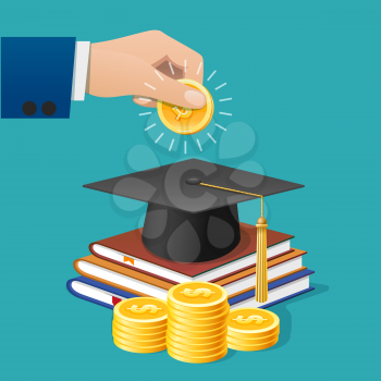 College investment. School or university education money invest, study business investing, finance studying success student vector illustration, scholarship learning planning flat image