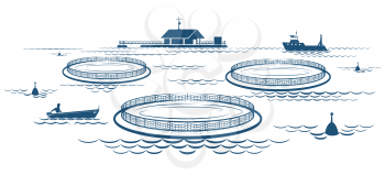 Growing fish industry. Open water fish farming netting cages boats and constructions, salmon farm aquaculture technology vector illustration