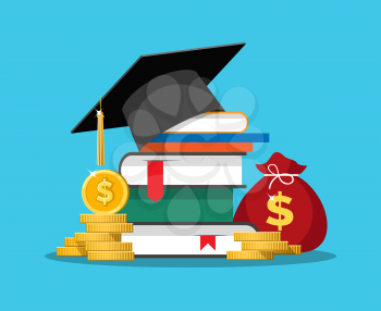 Scholarship loan. Expensive students school vector concept, money and tuition, graduation bank debt fee, knowledge investing, academic cap and books and cost budget illustration