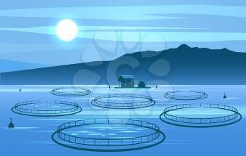 Openwater fish growing. Salmon farming constructions landscape, offshore aquaculture tuna farm, norway sea floating cages night panorama vector illustration