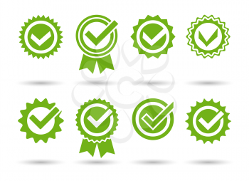Approved tick stamps. Approvals green seals, endorse stamp ticks, license quality approbation guarantee okay icons, verified certified endorsed checkmarks vector collection