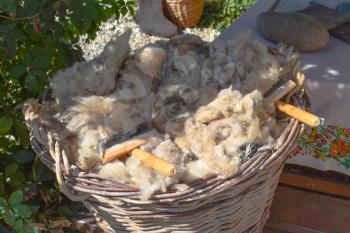 The wool in the basket. Sheared from sheep wool.