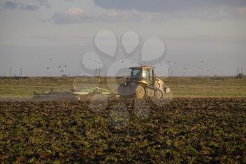 Tractor plowing plow the field. Tilling the soil in the fall after harvest. The end of the season.