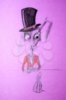 Ugly rabbit in a hat drinking tea. Beside him on the table is Thumbelina. Sick imagination of the artist.