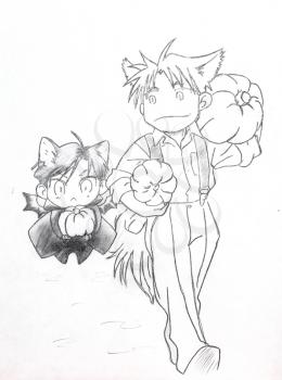 Drawing in the style of anime. The image of a fictional character, a girl cat in the picture in the style of Japanese anime