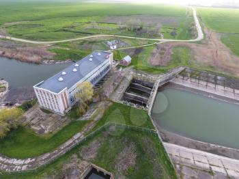 Water pumping station of irrigation system of rice fields. View from above.