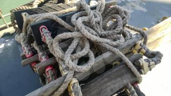 Rope ladder on the ship. Rope and wood.