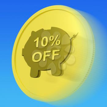 Ten Percent Gold Off Coin Showing 10% Savings And Discount