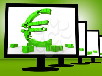 Euro Symbol On Monitors Shows European Savings And Investments