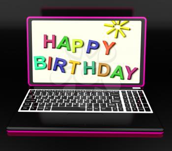 Happy Birthday On Laptop Shows Online Greetings Or Celebration
