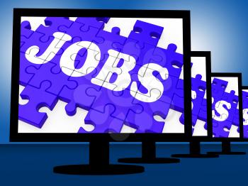 Jobs On Monitors Showing Careers And Employments