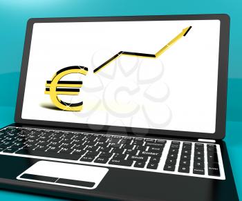 Euro Sign And Up Arrow On Computer Shows Earnings Or Profit