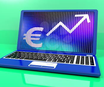 Euro Sign And Up Arrow On Laptop Shows Earnings Or Profit