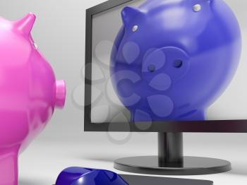 Piggy On Screen Showing Online Bank Savings