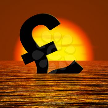 Pound symbol Sinking And Sunset Showing Depression Recession And Economic Downturns