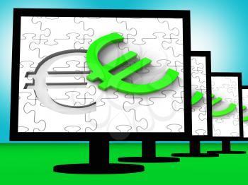 Euro Symbol On Monitors Showing European Wealth And Finances