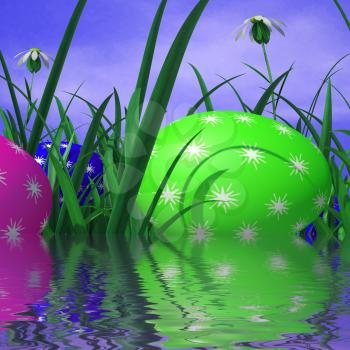 Easter Eggs Showing Mirroring Grassland And Lawn