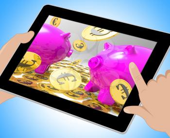 Raining Coins On Piggybanks Showing Profits And Earnings