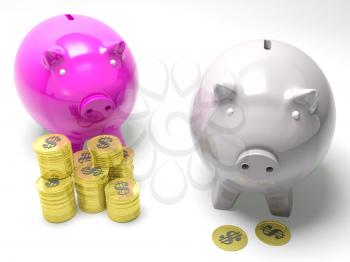 Two Piggybanks Savings Shows American Savings And Debts