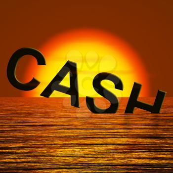 Cash Sinking In The Sea And Sunset Showing Depression Recession And Economic Downturn