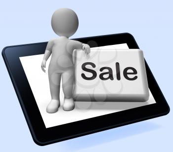 Sales Button With Character Tablet Showing Promotions And Deals