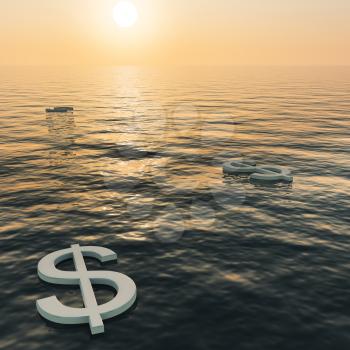 Dollars Floating To A Sunset Showing Money Wealth Or Earning