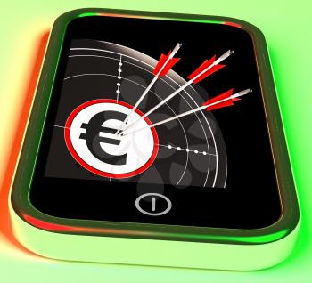 Euro Symbol On Smartphone Showing European Profits And Finances