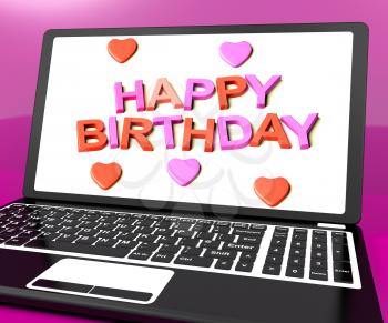Happy Birthday On Laptop Computer Screen Shows Online Greeting