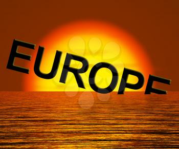 Europe Sinking And Sunset Showing Depression Recession And Economic Downturn
