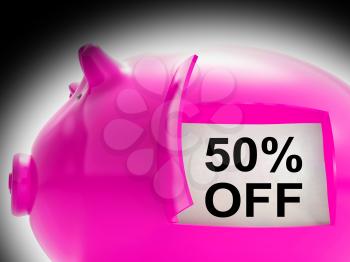 Fifty Percent Off Piggy Bank Message Showing 50 Price Cut