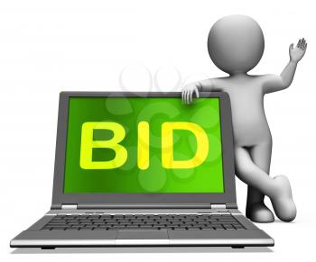 Bid Laptop And Character Showing Bidder Bidding Or Auctions Online