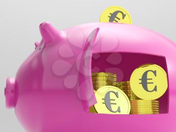 Euros In Piggy Showing Currency And Investment In Europe