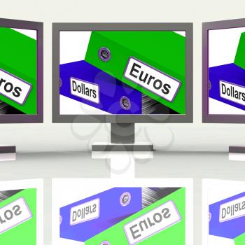 Dollar And Euros Folders Screen Showing Global Currency Exchange