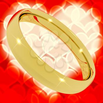 Gold Ring On Heart Bokeh Background Represents Love Valentine And Marriage