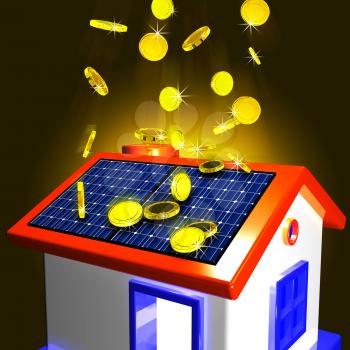 Coins Falling On House Showing Extra Money And Improved Economy