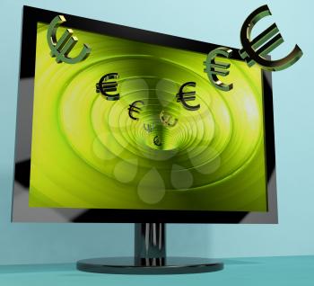Euro Symbols From Computer Screen Showing Money Investments And Winnings