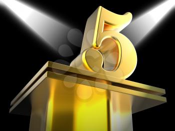 Golden Five On Pedestal Showing Shiny Trophy Or Award