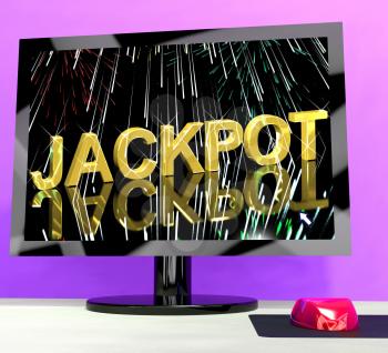 Jackpot Word With Fireworks On Computer Shows Winning