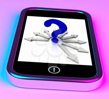 Question Mark On Smartphone Shows Mobile Questionnaire Or Uncertainty